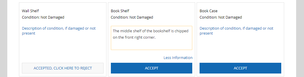 A screenshot of the RCR, showing three item tiles. The tile for the book shelf item has text in the "Description of condition" field that reads, "The middle shelf of the bookshelf is chipped on the front right corner."